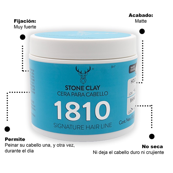 1810 STONE CLAY POMADE. CERA PARA CABELLO FIJACIÓN MUY ALTA BRILLO NATURAL. BASE AGUA.