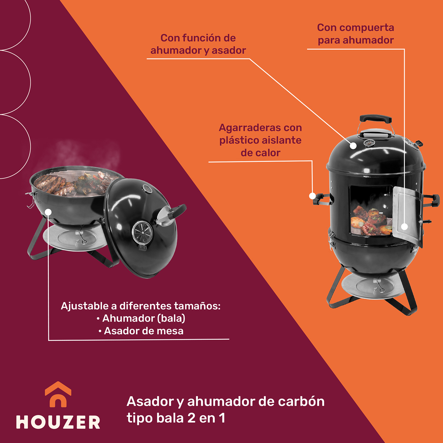 Asador Ahumador Tipo Bala 2 En 1 Carbon 2 Parrillas 20 .
