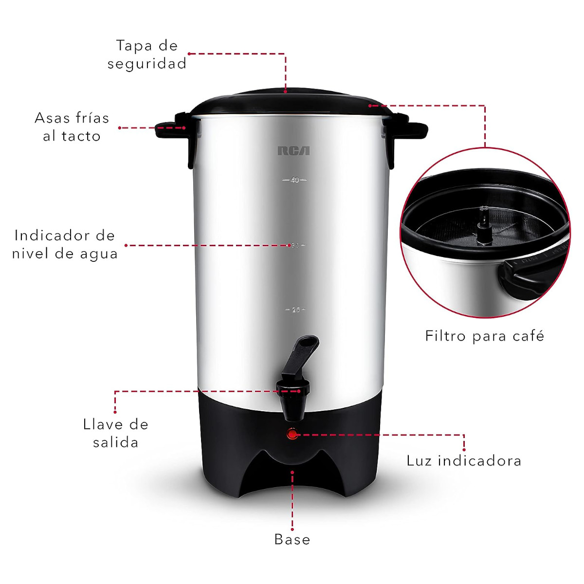 Cafetera Percoladora RCA Acero Inoxidable 6L 40 Tazas RC-6L