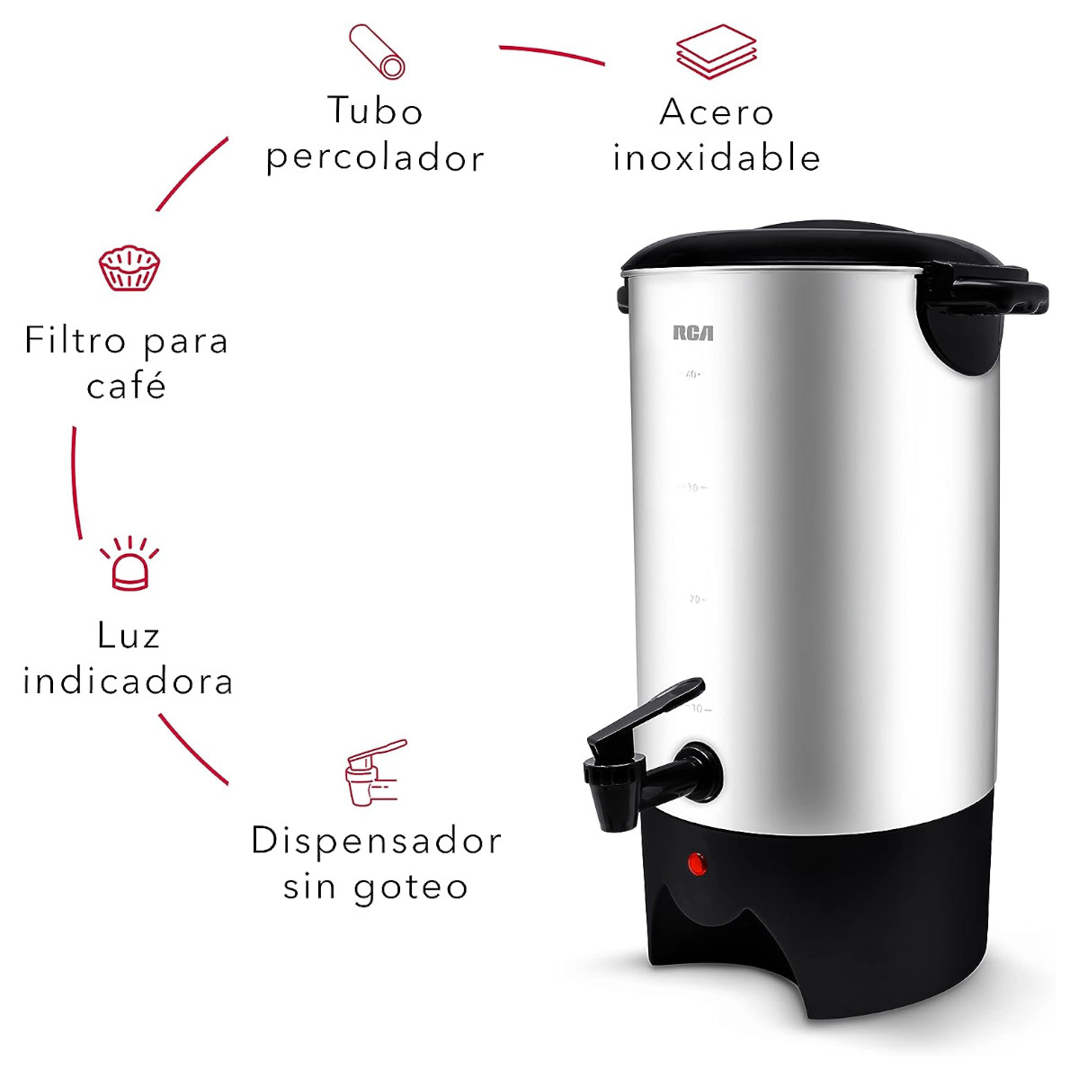 Cafetera Percoladora RCA Acero Inoxidable 6L 40 Tazas RC-6L
