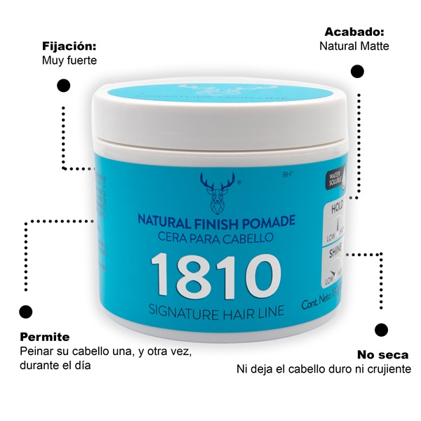 1810 NATURAL FINISH POMADE. CERA PARA CABELLO FIJACIÓN MEDIA BRILLO NATURAL. BASE AGUA.