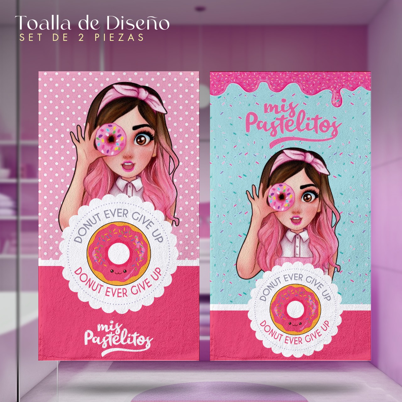 Set 2 Toallas De Baño Diseño Mis Pastelitos Microfibra Absorbente Estampado Infantil