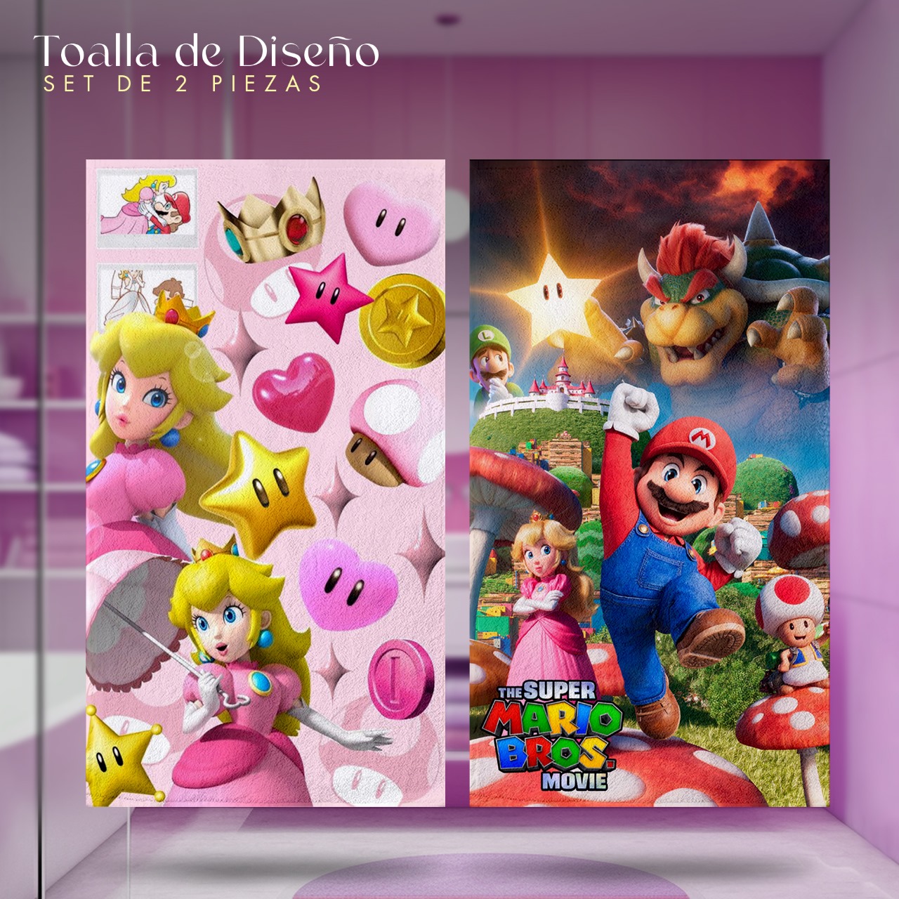 Set 2 Toallas De Baño Diseño Super Mario Bros Microfibra Absorbente Estampado