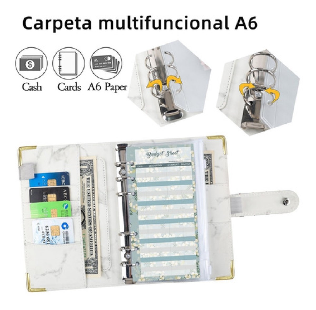 Bolsa De Carpeta Con Cremallera Carpeta A6 Organigastos Blanco marmol