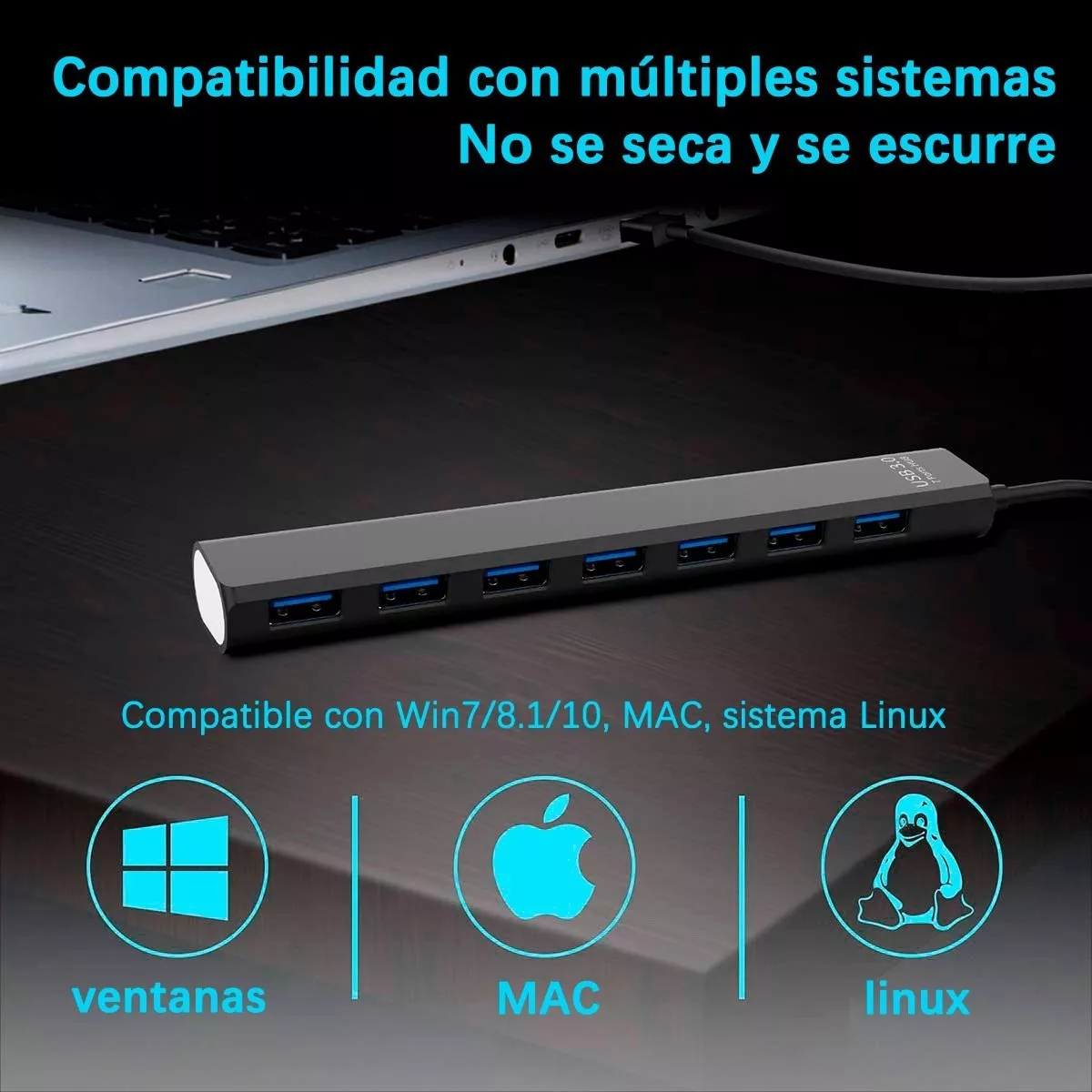 Multi Usb 3.0 Hub Divisor De 7 Puertos Velocidad De 5 Gbps Negro