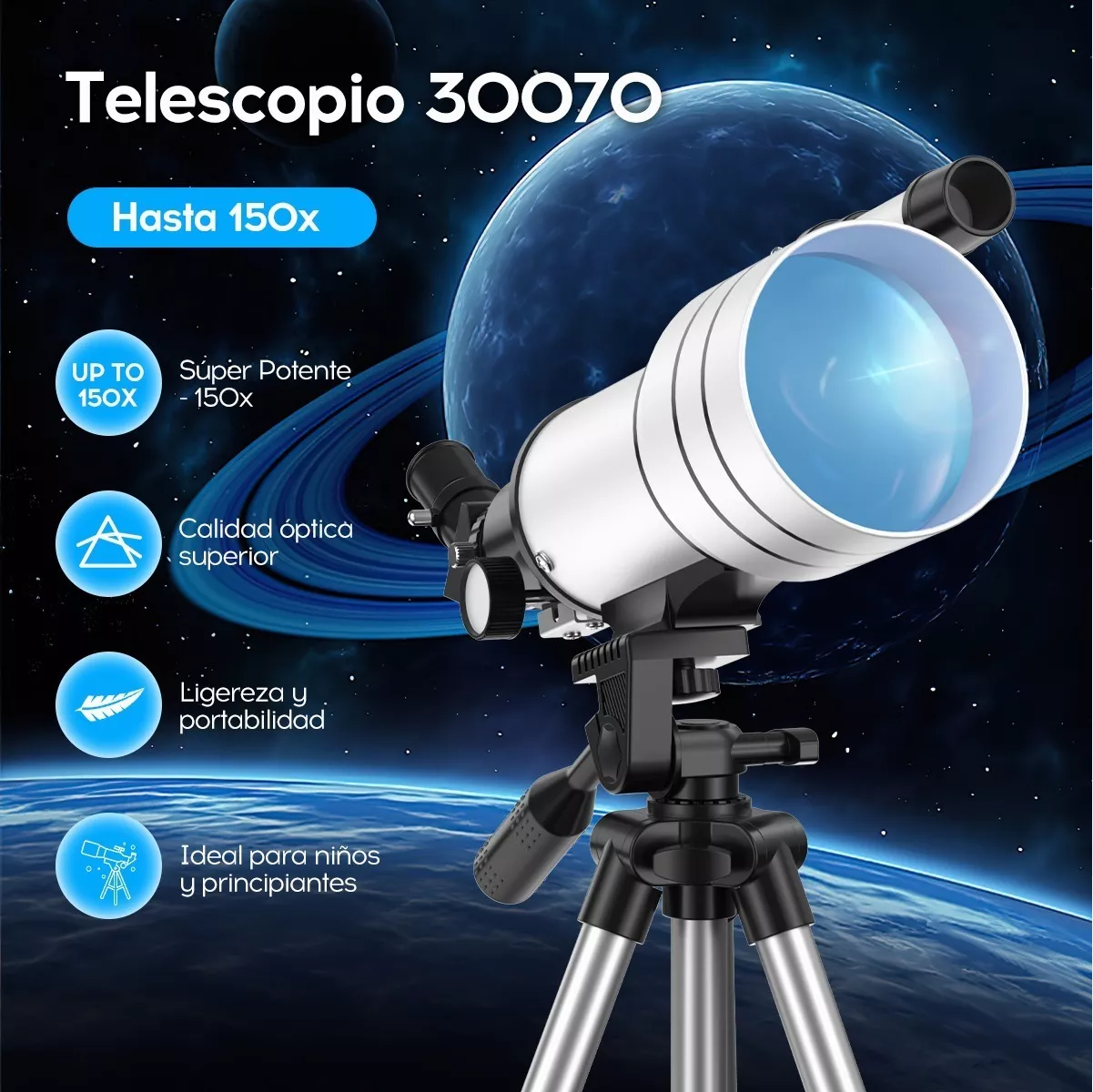 Telescopio Astronómico Monocular Profesional 70/300mm 150x Blanco