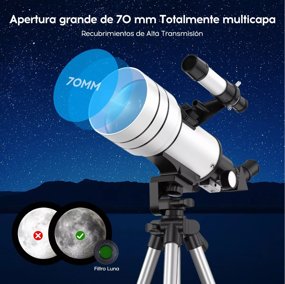 Telescopio Astronómico Monocular Profesional 70/300mm 150x Blanco