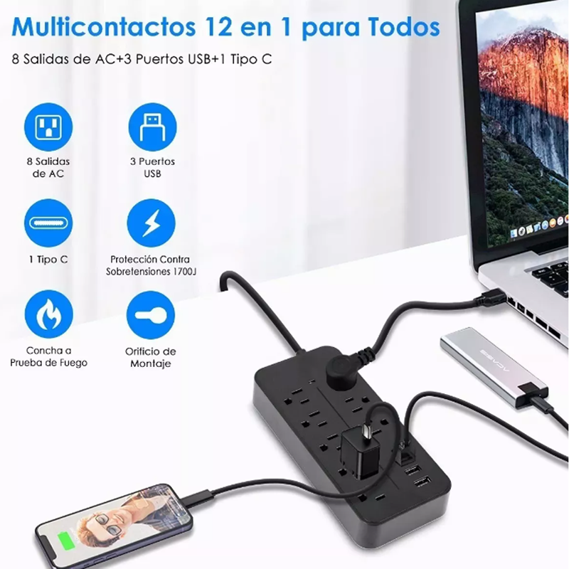 Regleta Cargador Multicontactos Con 8 Salidas 3 Usb 1 Tipo C