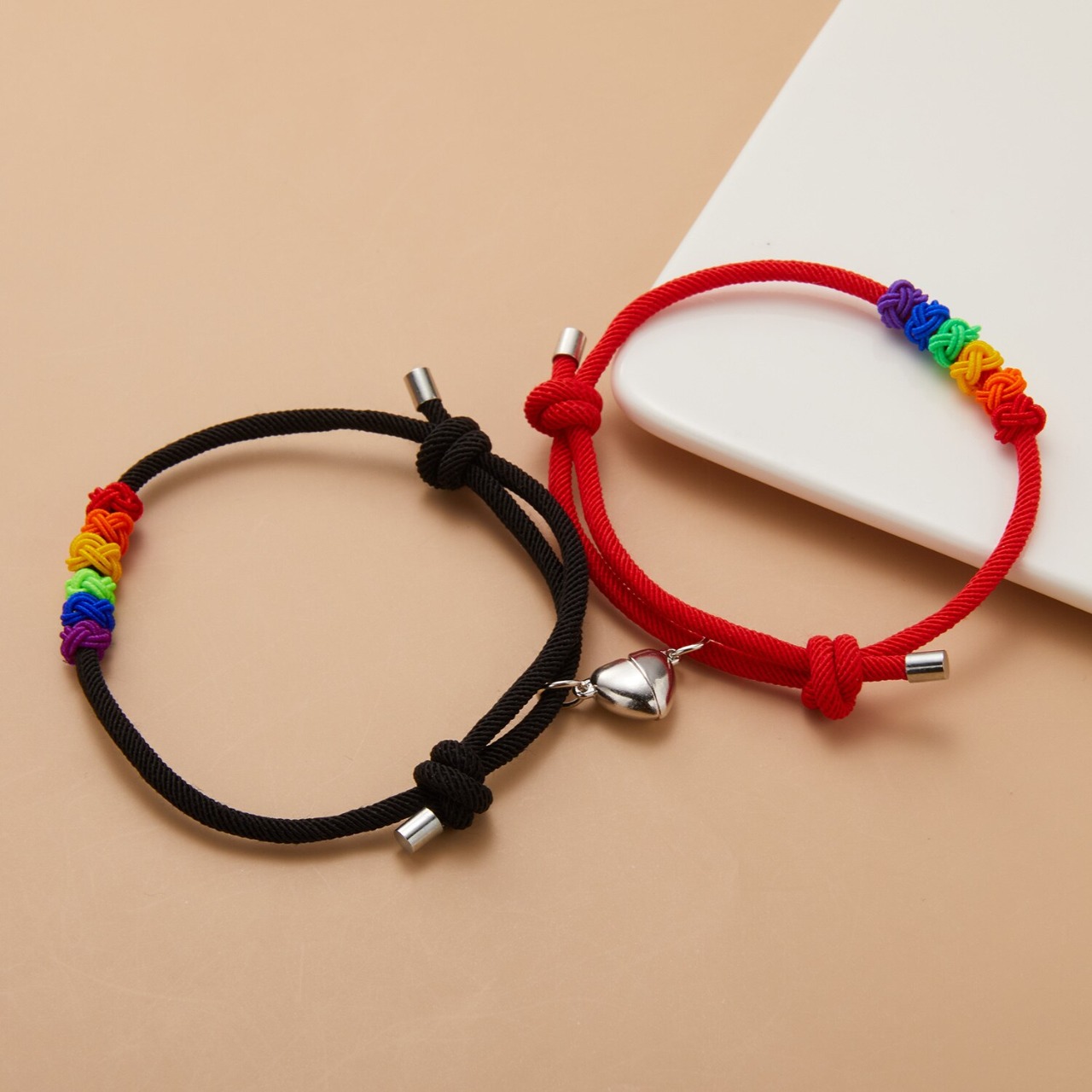 Pulseras Para Parejas Corazon de Iman LGBT Negro Rojo