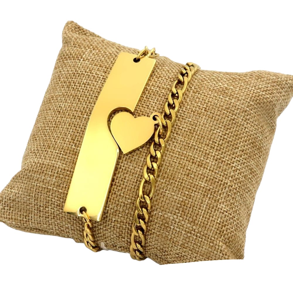 Pulseras Para Parejas Placa y Corazon Embonan Doradas