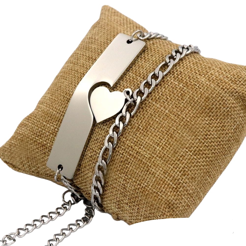 Pulseras Para Parejas Placa y Corazon Embonan Plateadas