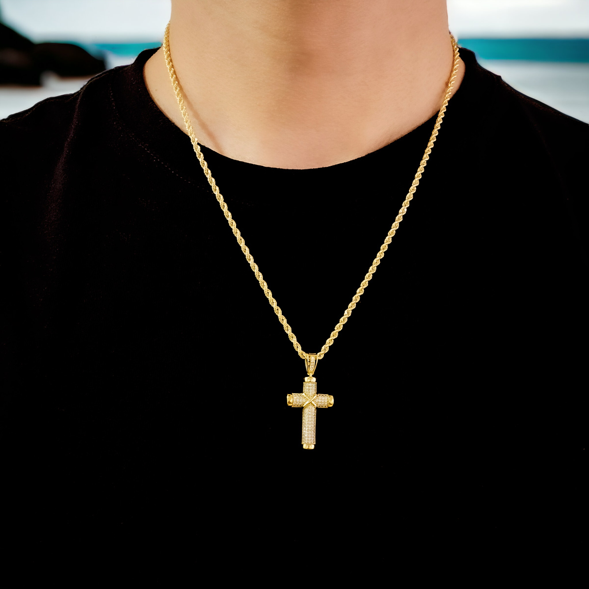 Cadena Oro 10k Torzal Italiano y Cruz de Piedra Zirconia