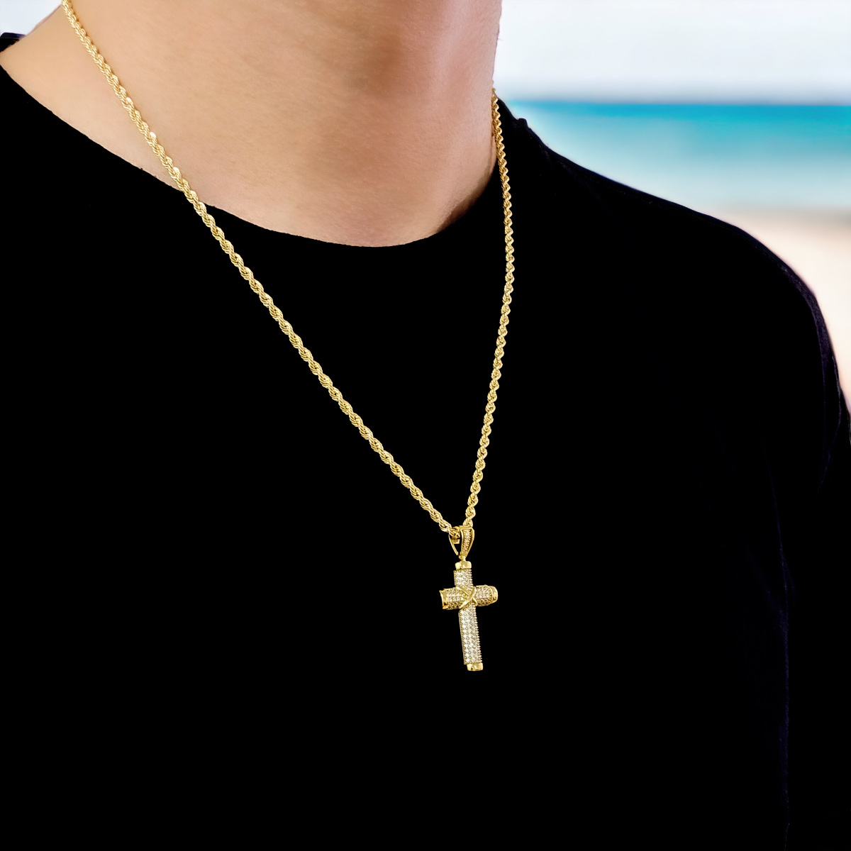 Cadena Oro 10k Torzal Italiano y Cruz de Piedra Zirconia