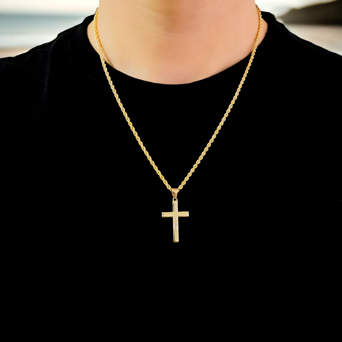 Cadena Oro 10k Torzal Italiano y Cruz Lisa 