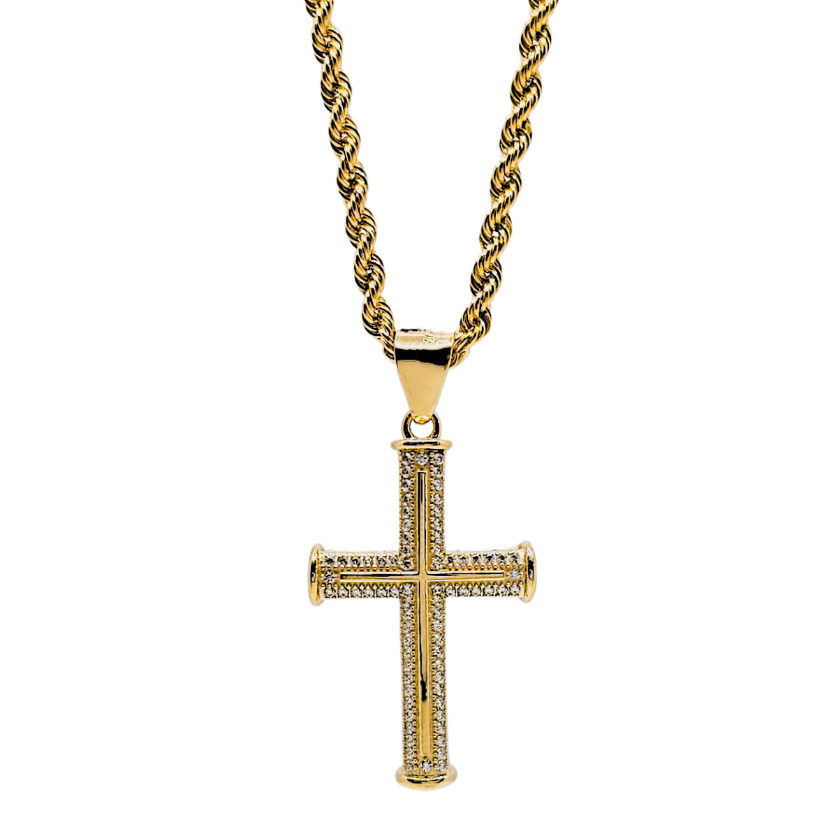COLLAR CRUZ ORO 10K TORZAL HOMBRE PIEDRA ZIRCONIA