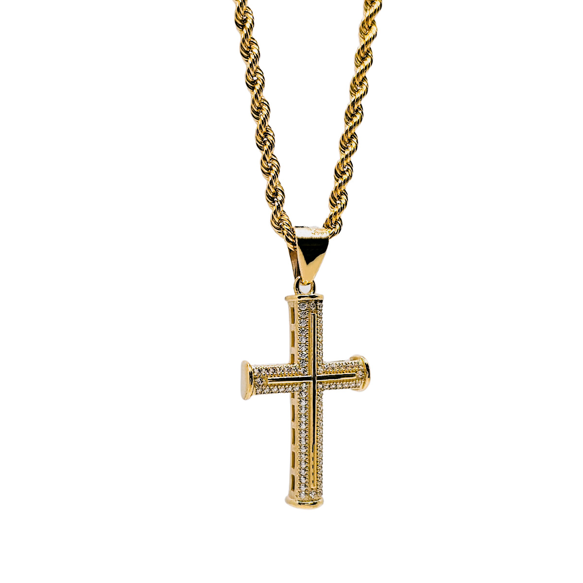 COLLAR CRUZ ORO 10K TORZAL HOMBRE PIEDRA ZIRCONIA