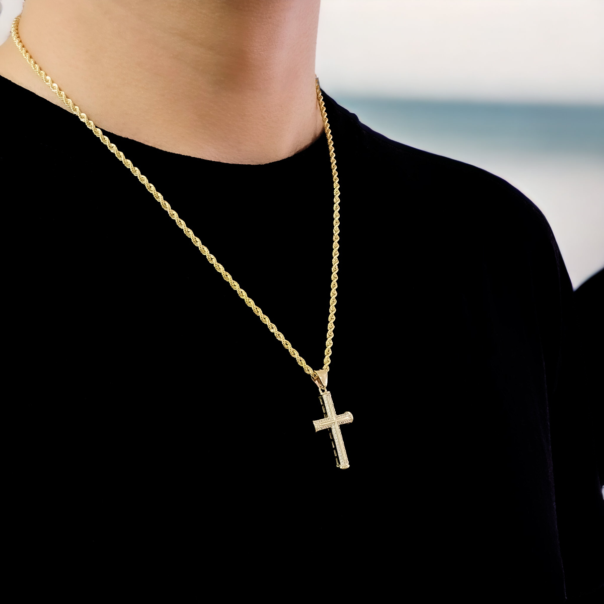 COLLAR CRUZ ORO 10K TORZAL HOMBRE PIEDRA ZIRCONIA