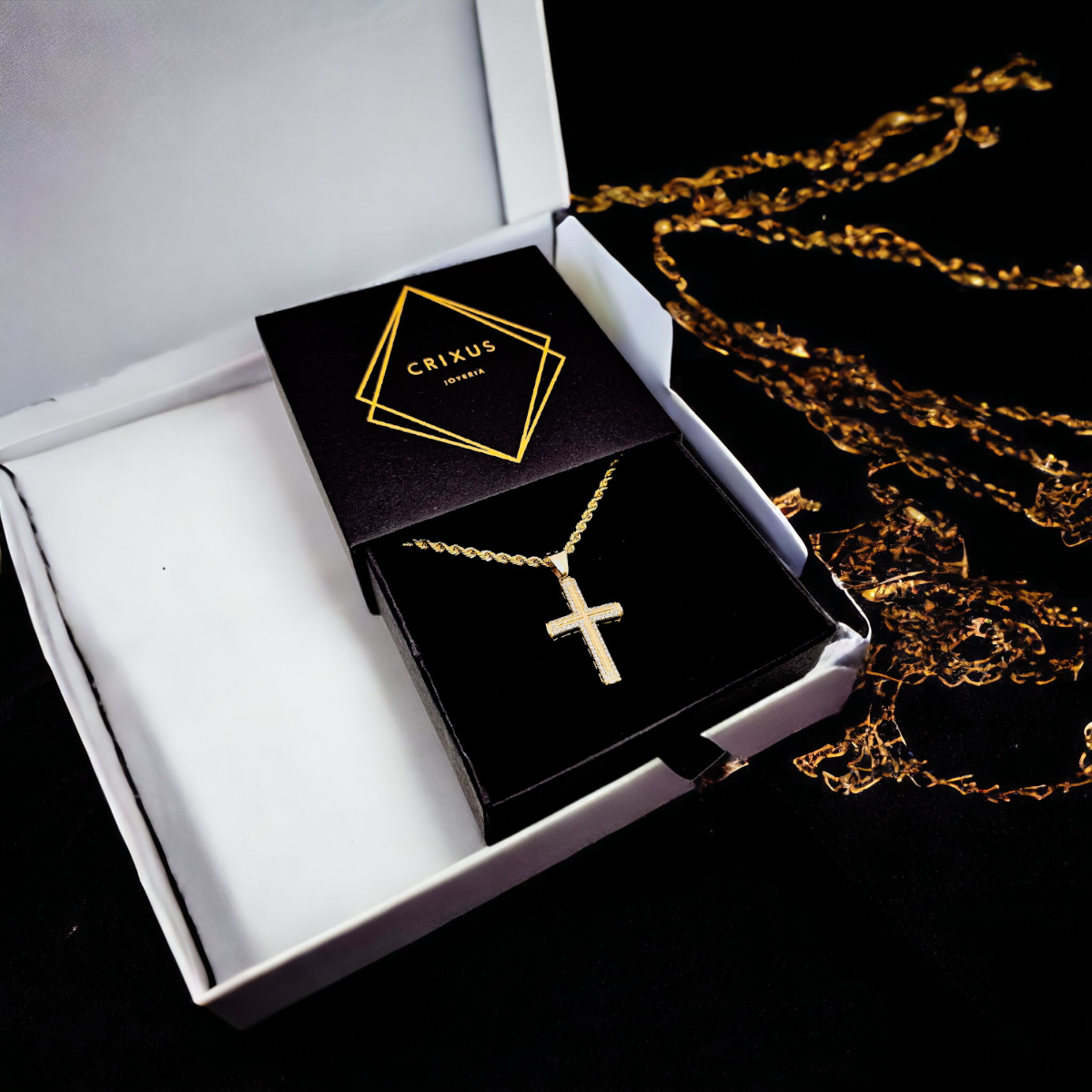 COLLAR CRUZ ORO 10K TORZAL HOMBRE PIEDRA ZIRCONIA