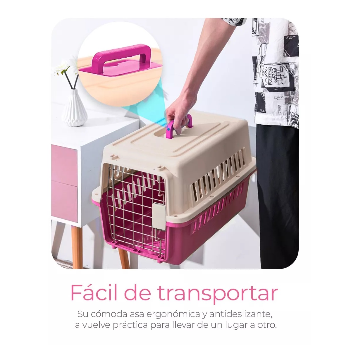 Jaula Transportadora Portatil Perro Gato Conejo Mascota Rosa