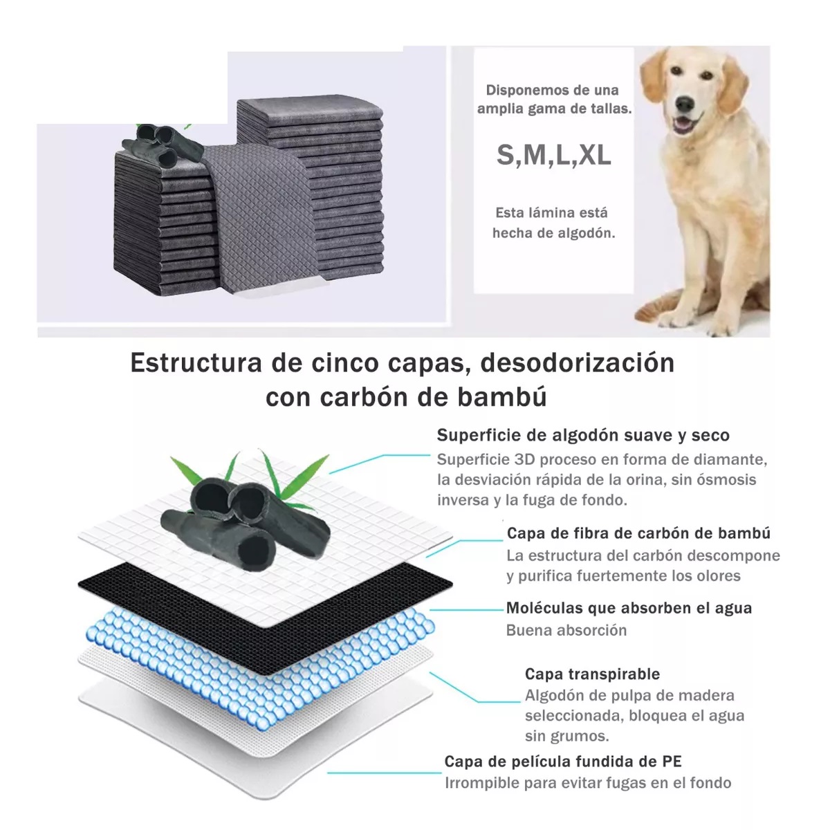 Paquete 100 Pañales Tapete Entrenador Para Perro Carbón Bambú 45x33
