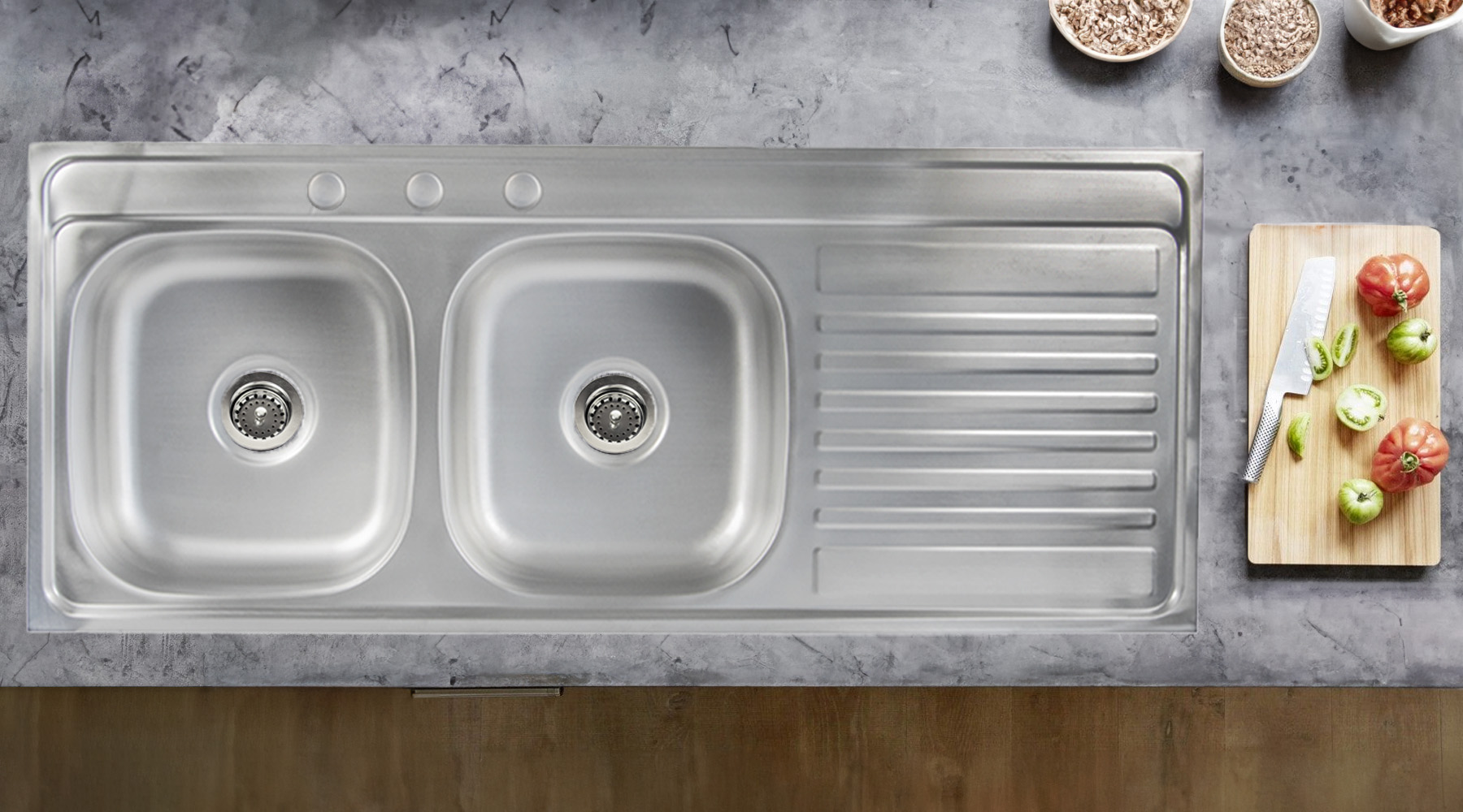 Tarja Doble con Escurridero DER, En Acero Inox 120x50 Incluye Kit de Instalación