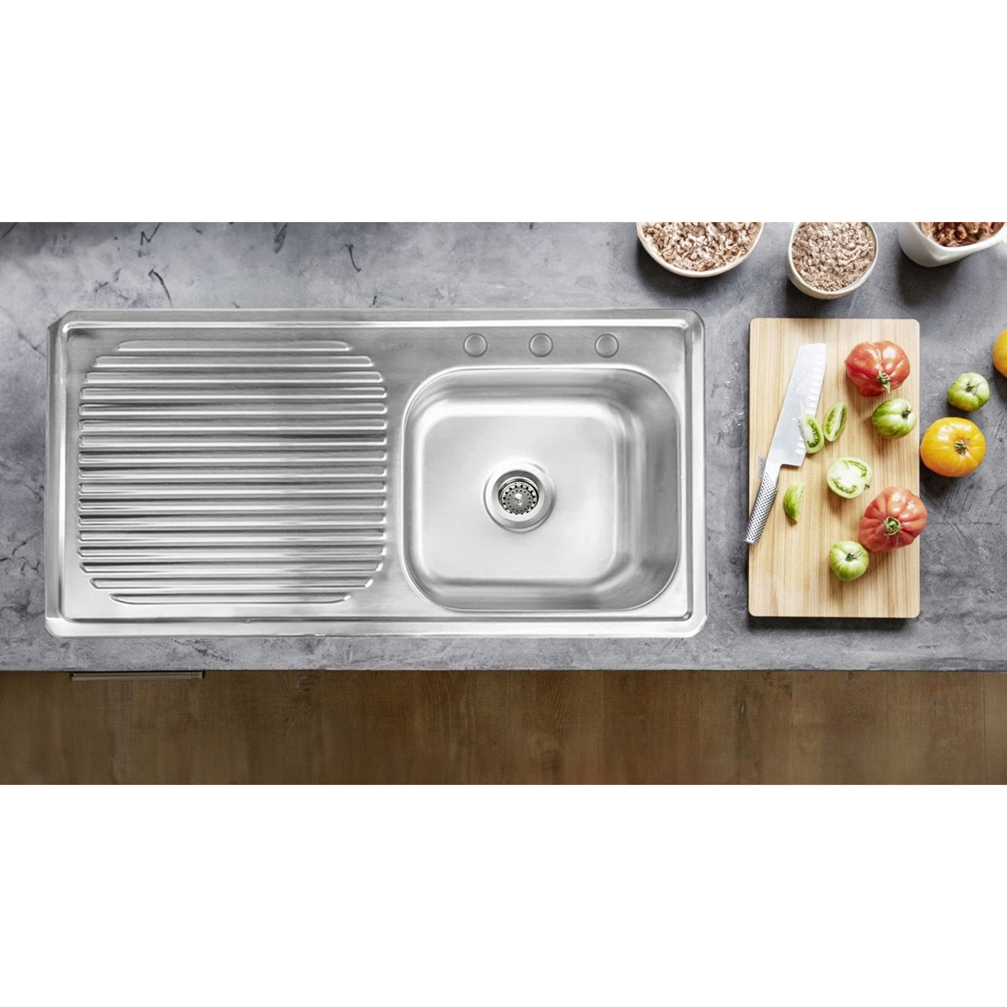 MEER Faucets by CNX | Fregadero de Cocina con Escurridero (100 x 50 x 15 cm) de Acero Inoxidable, Mezcladora Flexible con Dos Tipos de Chorro y Accesorios de Instalación