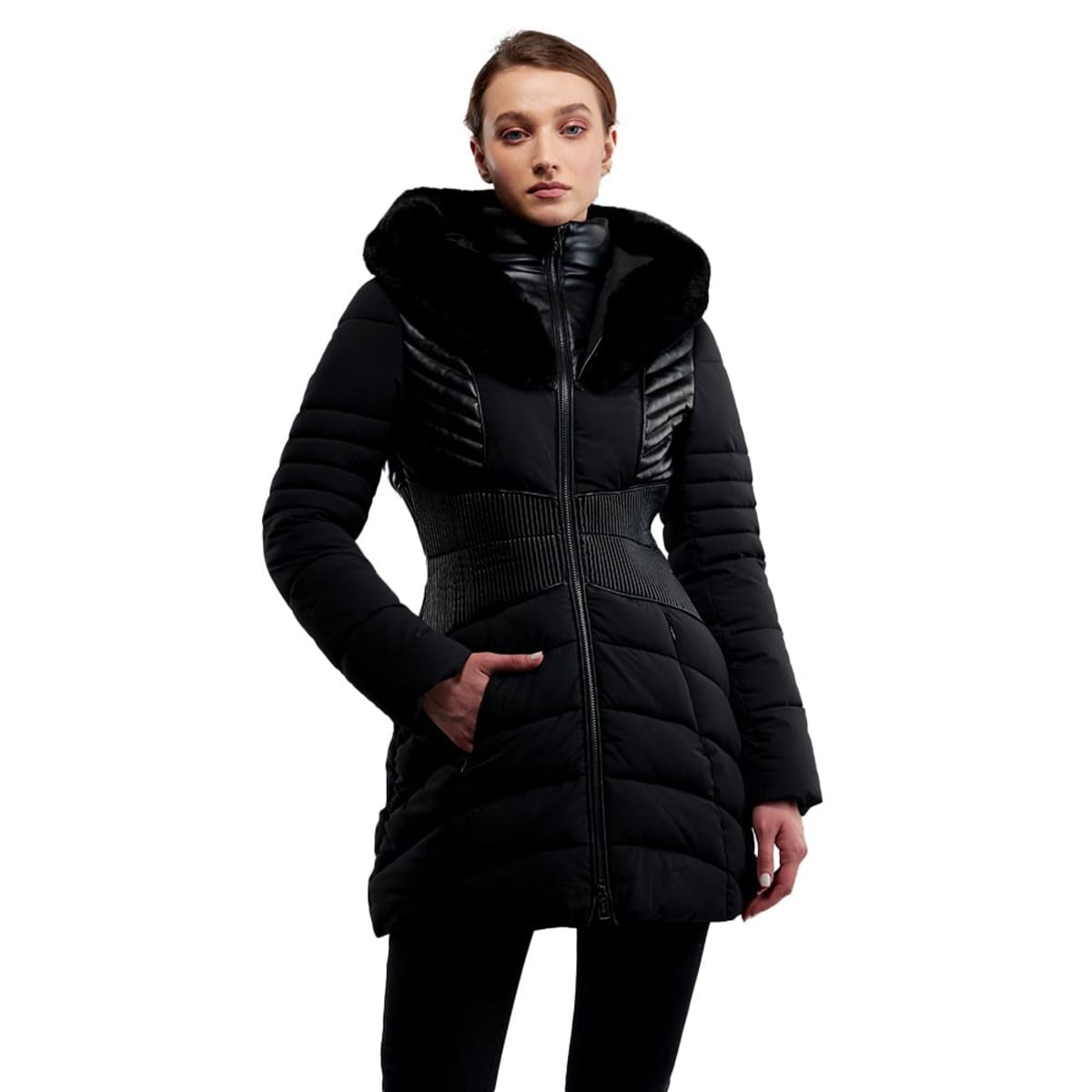 Chamarra negra capitonada larga para mujer, marca Holly Land, mod. 915290