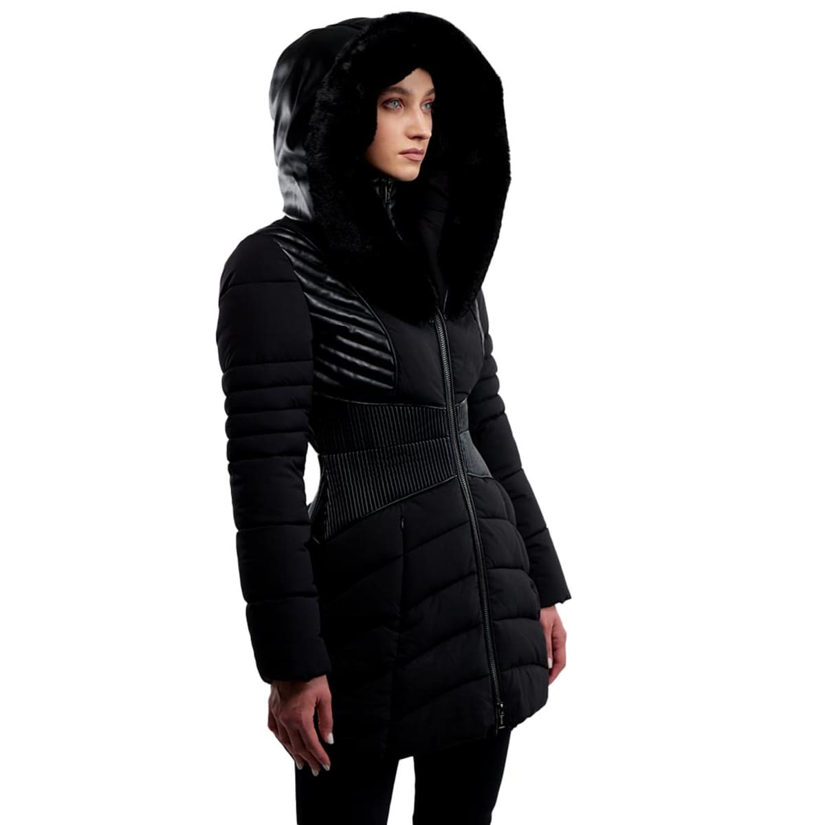 Chamarra negra capitonada larga para mujer, marca Holly Land, mod. 915290