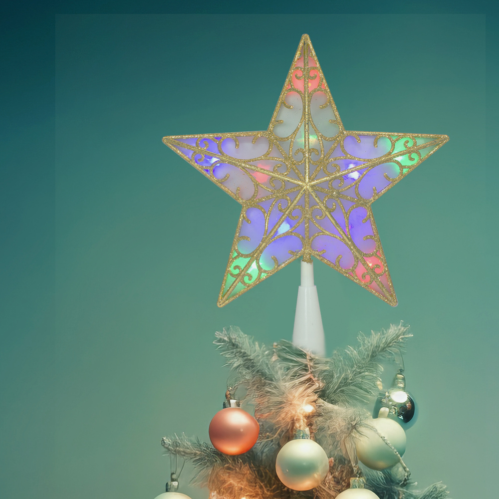 Estrella Dorada Punta Arbol Navideño Luz Led Multicolor 23cm
