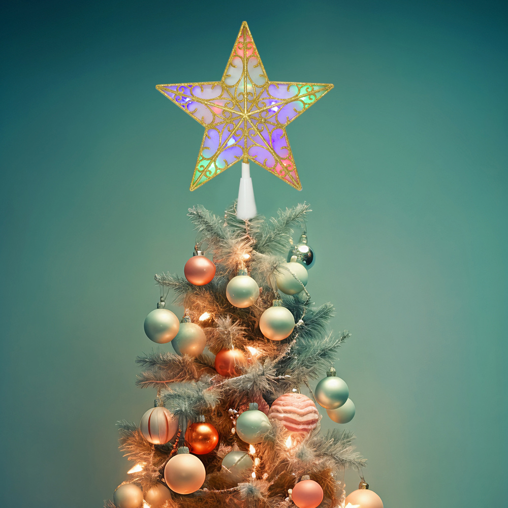 Estrella Dorada Punta Arbol Navideño Luz Led Multicolor 23cm