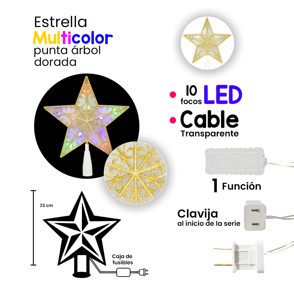 Estrella Dorada Punta Arbol Navideño Luz Led Multicolor 23cm
