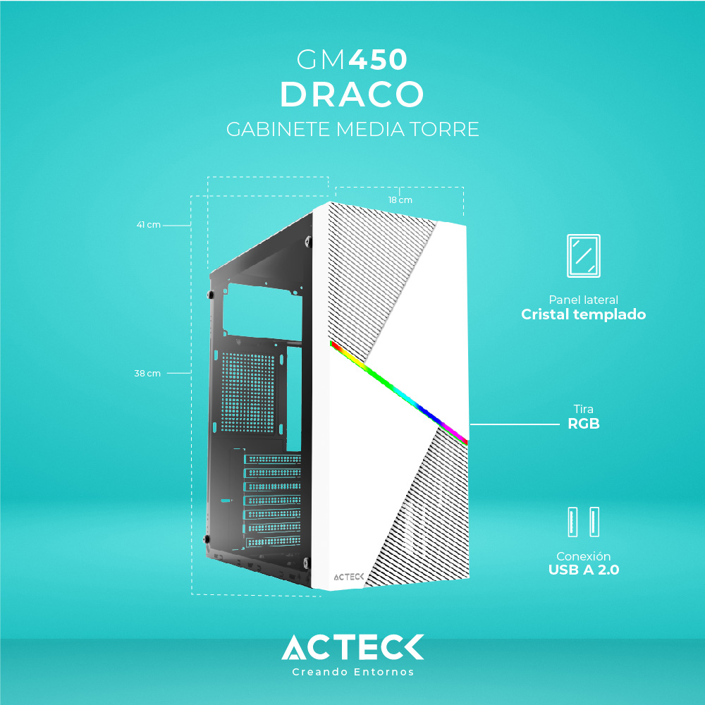 Gabinete Media Torre Draco RGB 500w GM450 Blanco