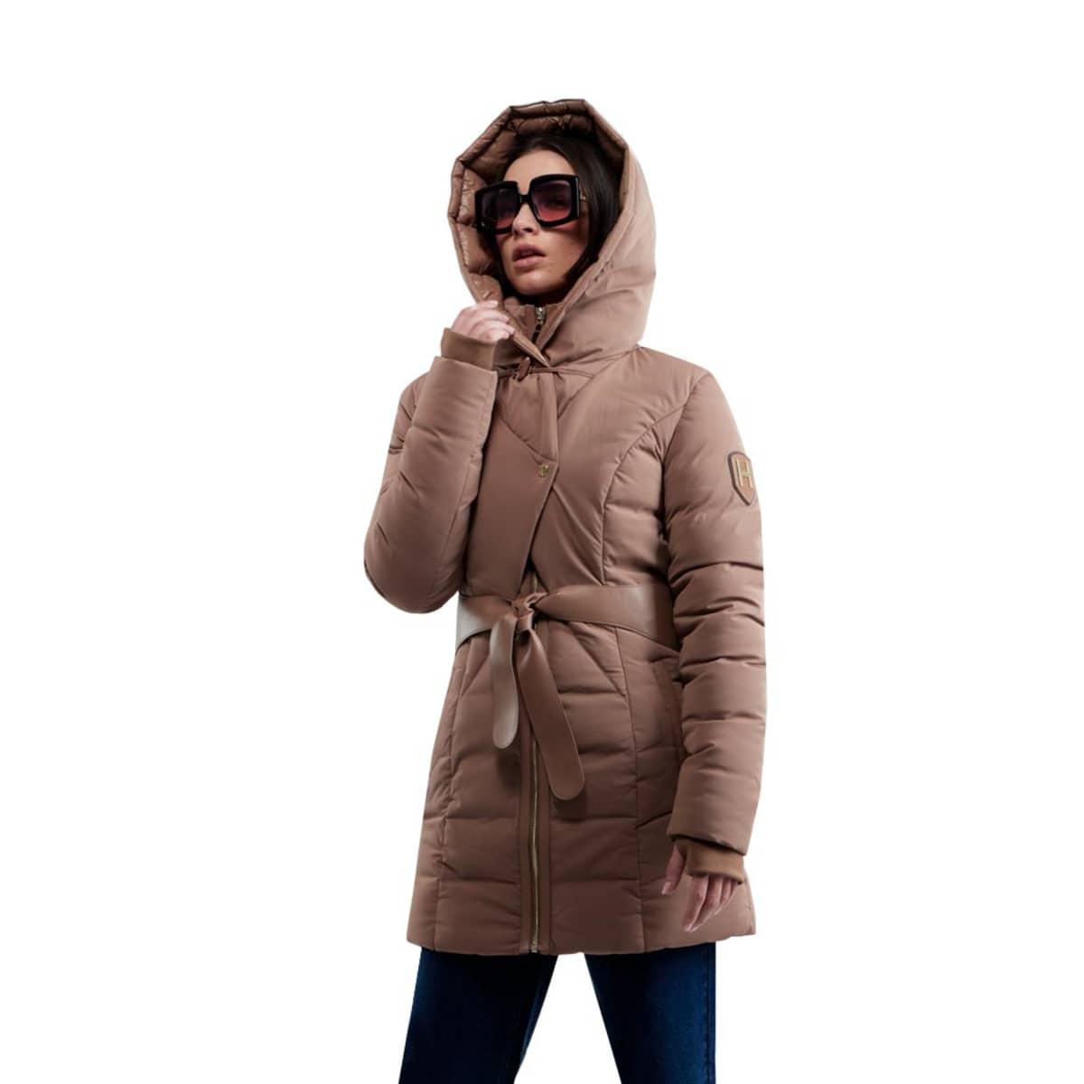 Chamarra café capitonada larga para mujer, marca Holly Land, mod. 1088920