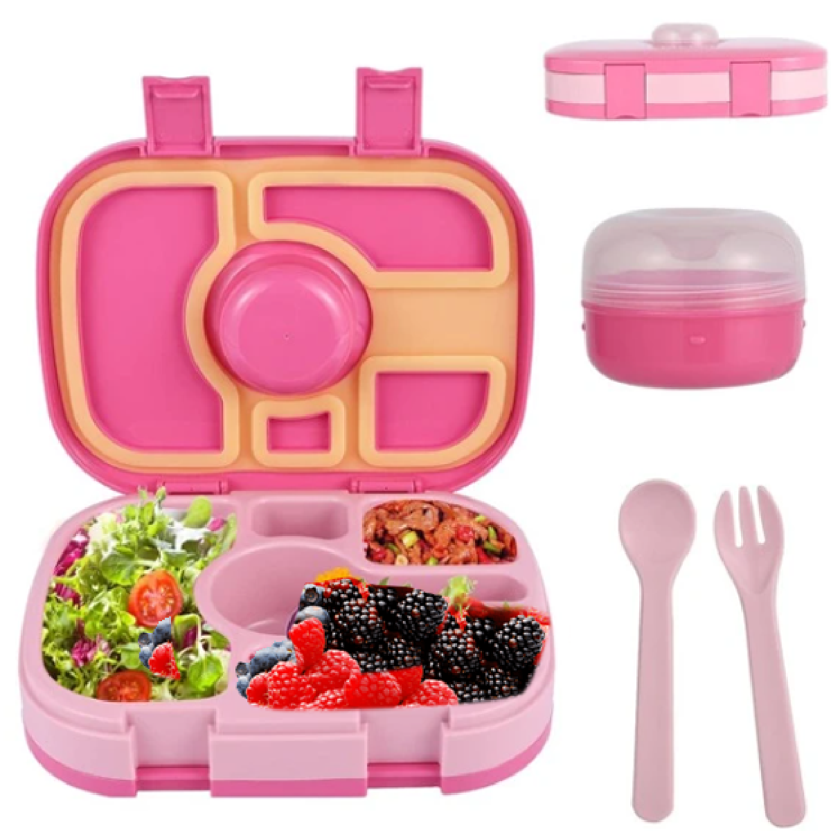 Lonchera para niños tipo bento 5 divisiones, sellado hermético, libre de fugas y derrames, cubiertos incluidos BPA FREE.
