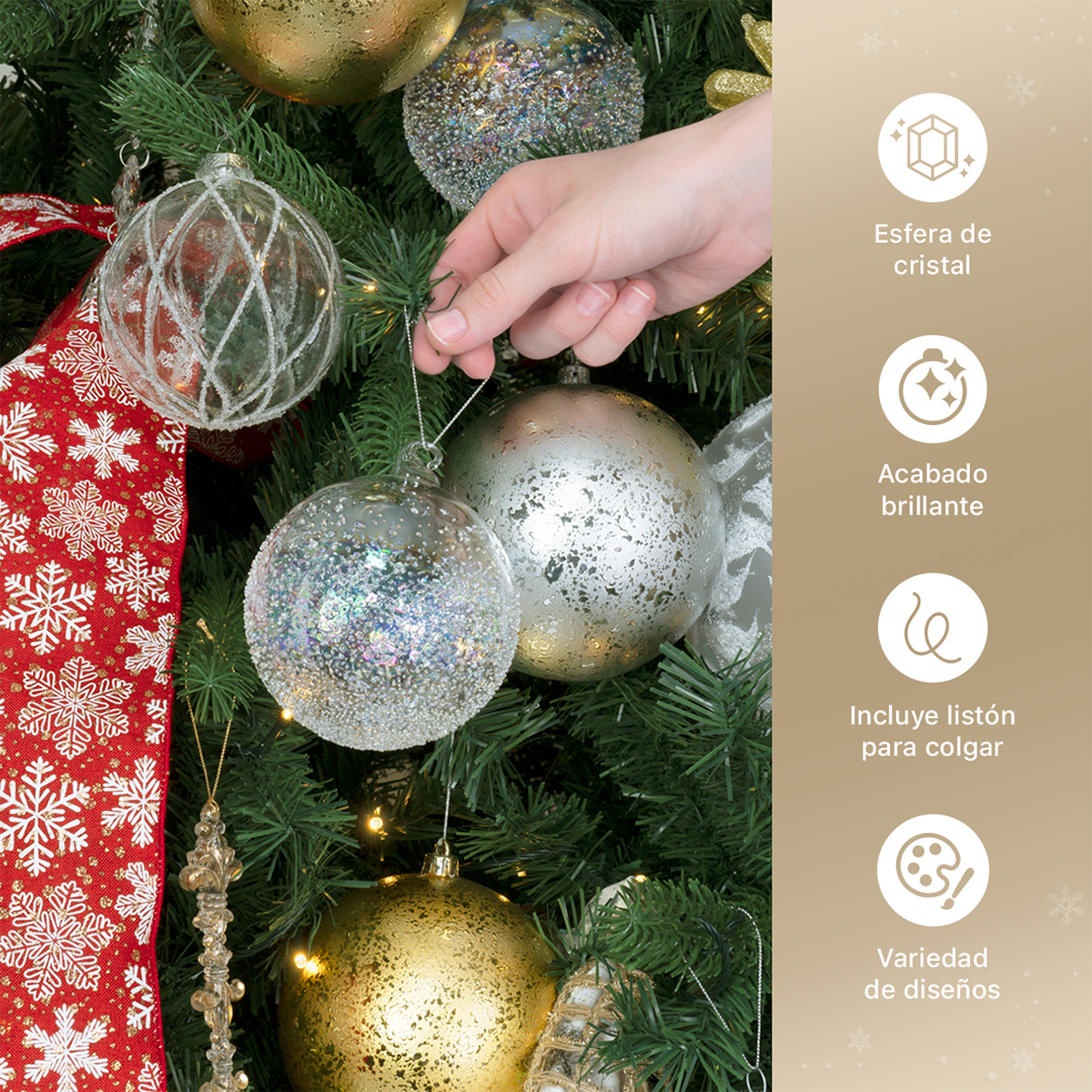 Set con 6 Esferas de Cristal Decoración Navideña 10 cm para Árbol de Navidad (Nevada) ESQUIMAL