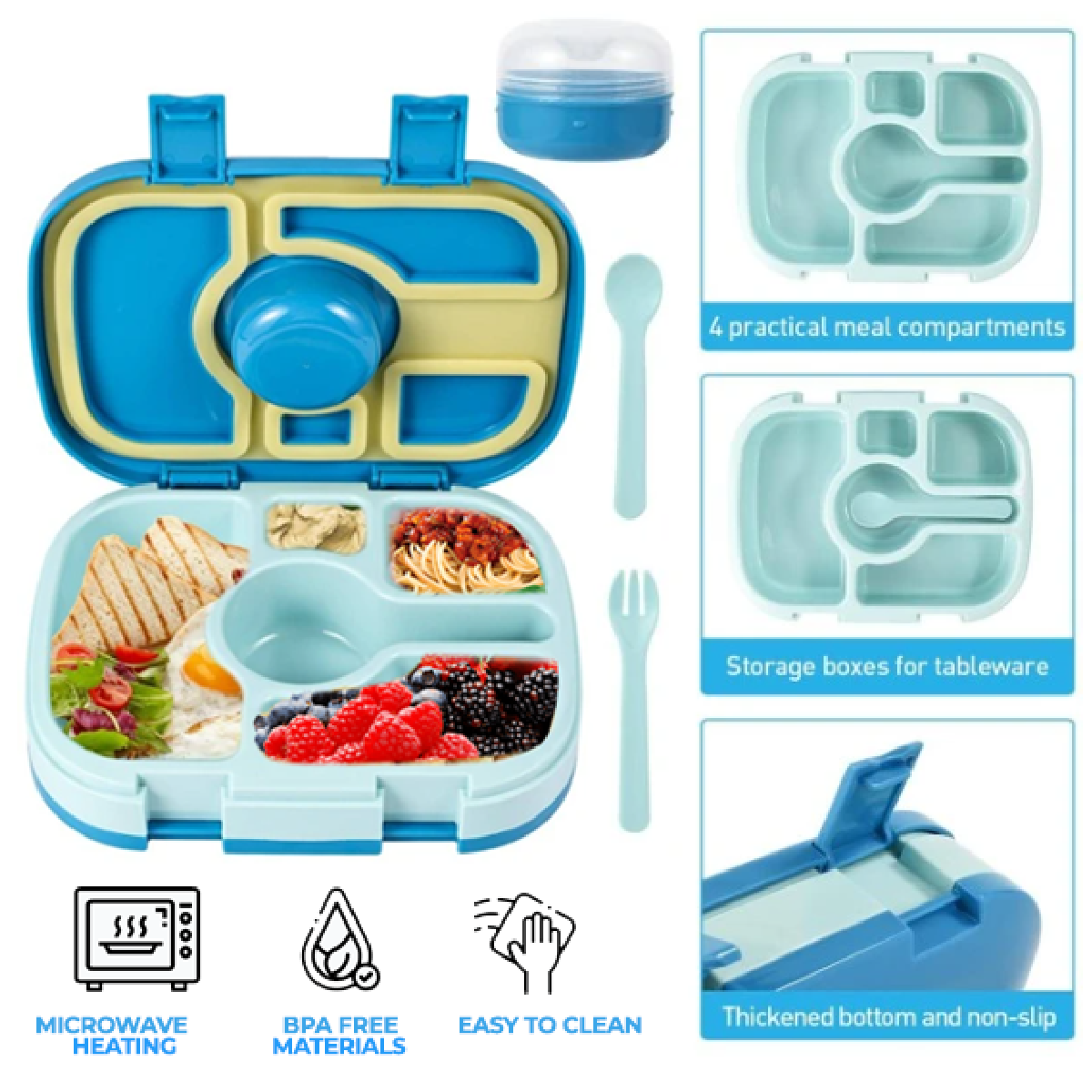 Lonchera para niños tipo bento 5 divisiones, sellado hermético, libre de fugas y derrames, cubiertos incluidos BPA FREE.