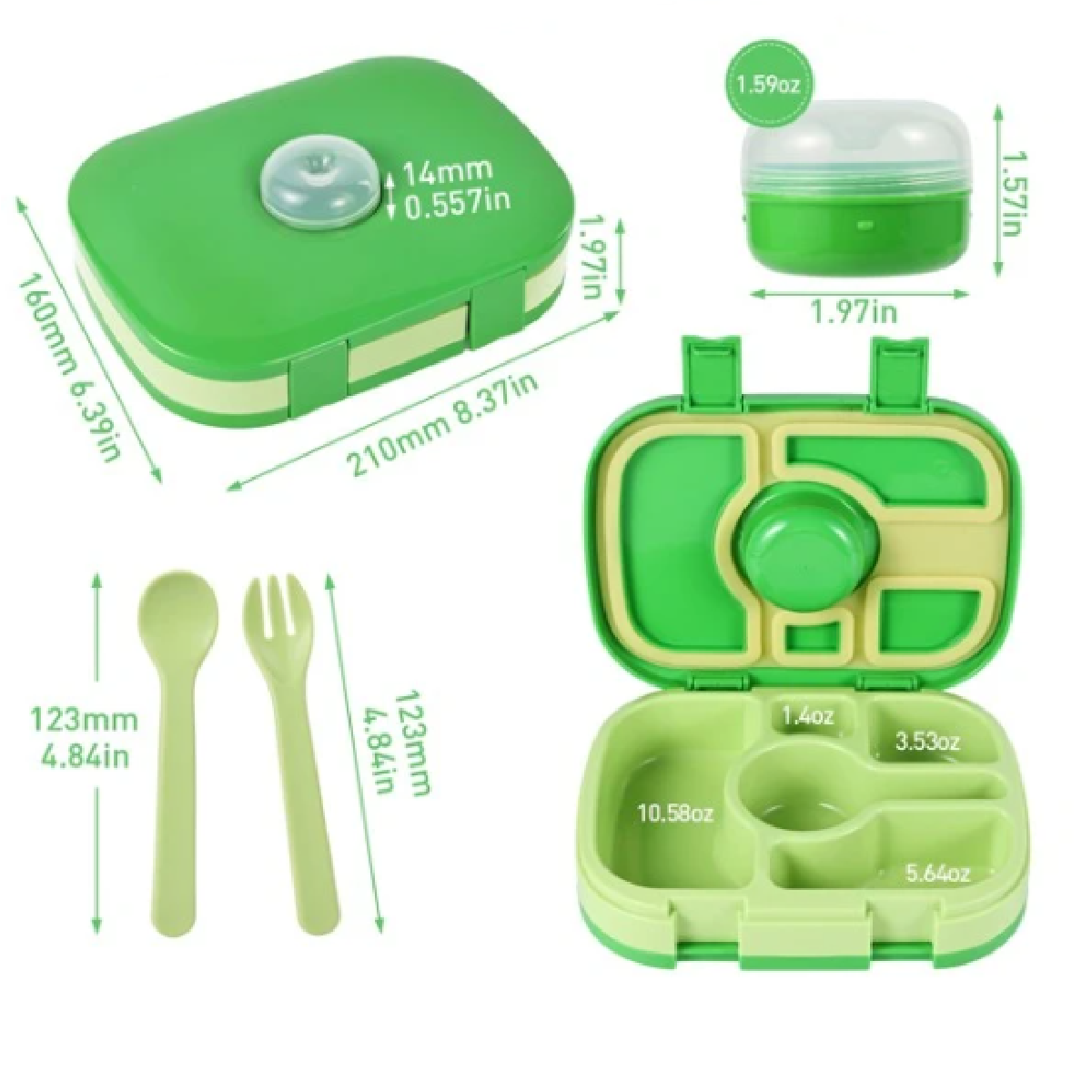 Lonchera para niños tipo bento 5 divisiones, sellado hermético, libre de fugas y derrames, cubiertos incluidos BPA FREE.