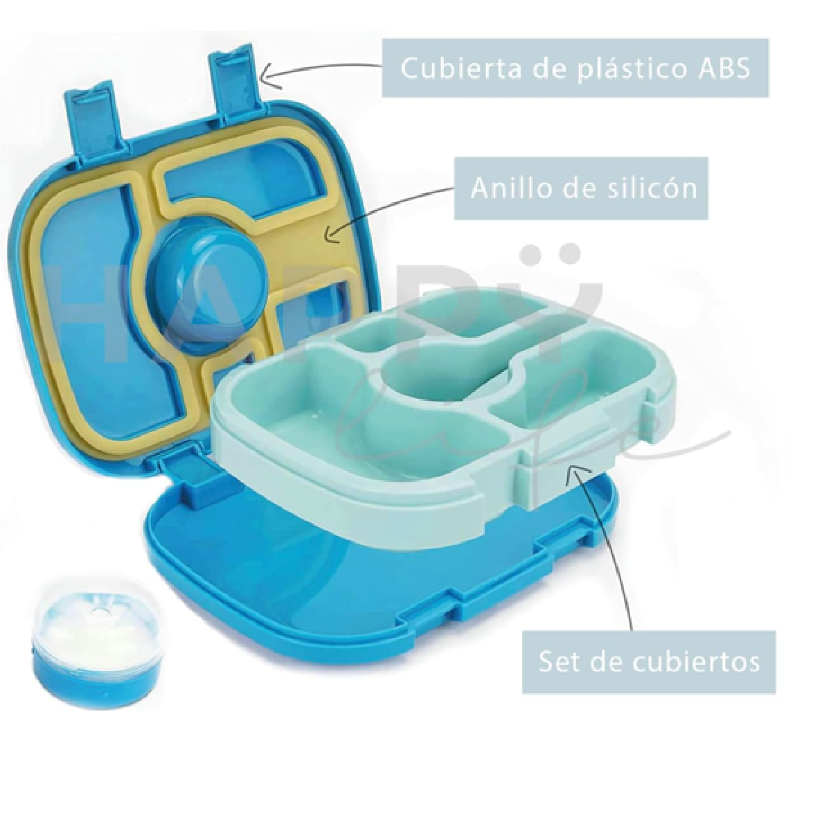 Lonchera para niños tipo bento 5 divisiones, sellado hermético, libre de fugas y derrames, cubiertos incluidos BPA FREE.