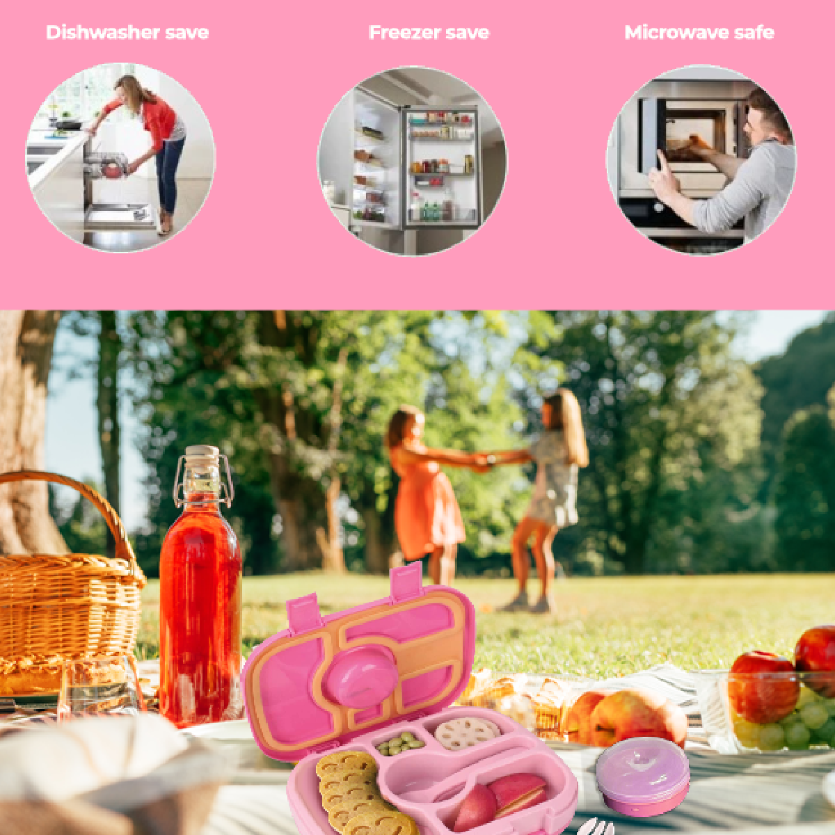 Lonchera para niños tipo bento 5 divisiones, sellado hermético, libre de fugas y derrames, cubiertos incluidos BPA FREE.