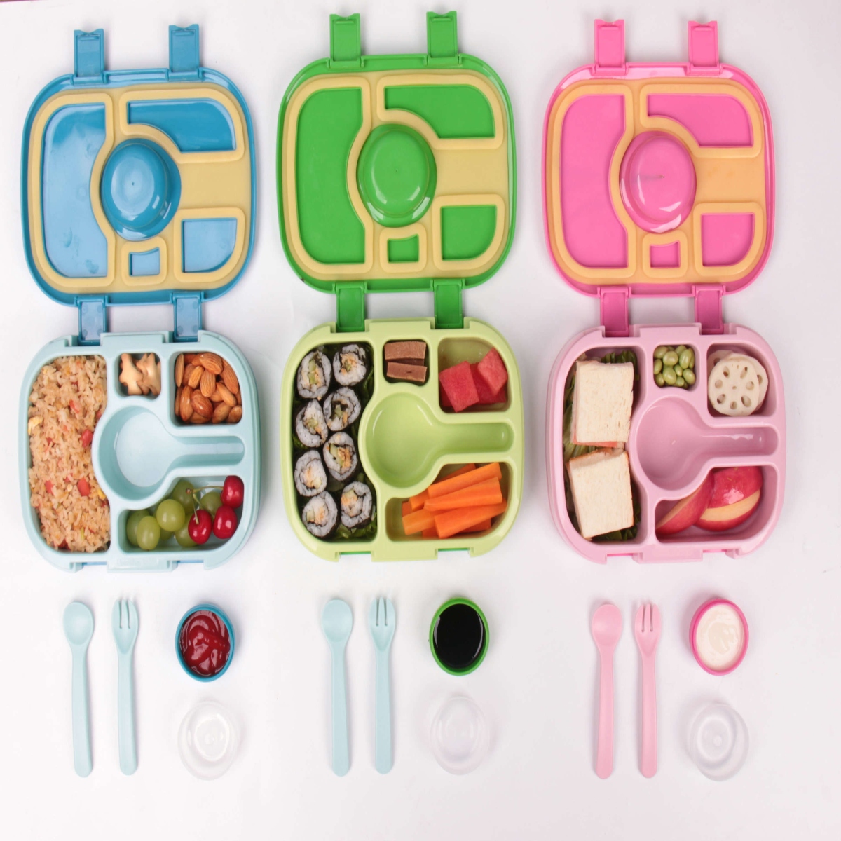 Lonchera para niños tipo bento 5 divisiones, sellado hermético, libre de fugas y derrames, cubiertos incluidos BPA FREE.