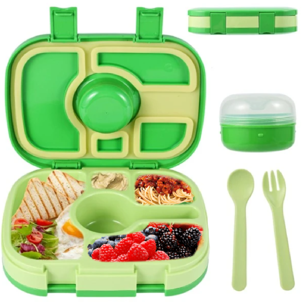 Lonchera para niños tipo bento 5 divisiones, sellado hermético, libre de fugas y derrames, cubiertos incluidos BPA FREE.