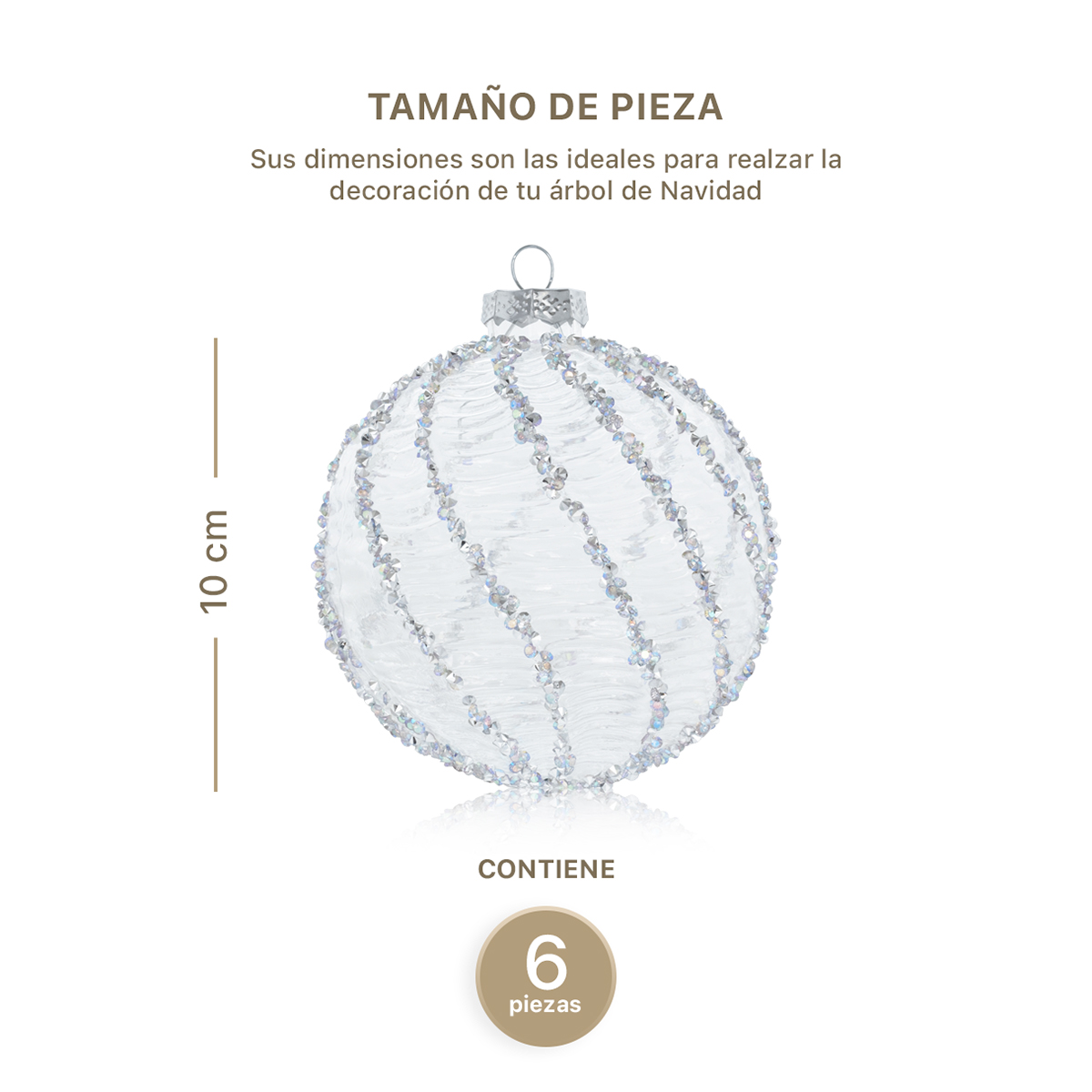 Set con 6 Esferas de Cristal Decoración Navideña 10 cm para Árbol de Navidad (Escarcha) ESQUIMAL