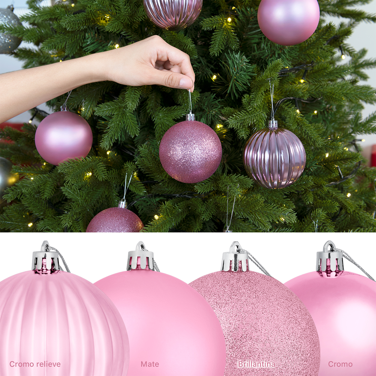 Set con 24 Esferas Decoración Navideña 8 cm Adornos para Árbol de Navidad (Rosa) ESQUIMAL