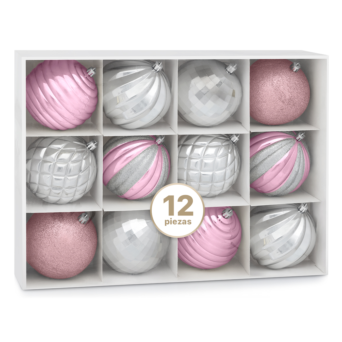 Set con 12 Esferas Decoración Navideña 10cm Adornos para Árbol de Navidad (Rosa - Plateado) ESQUIMAL