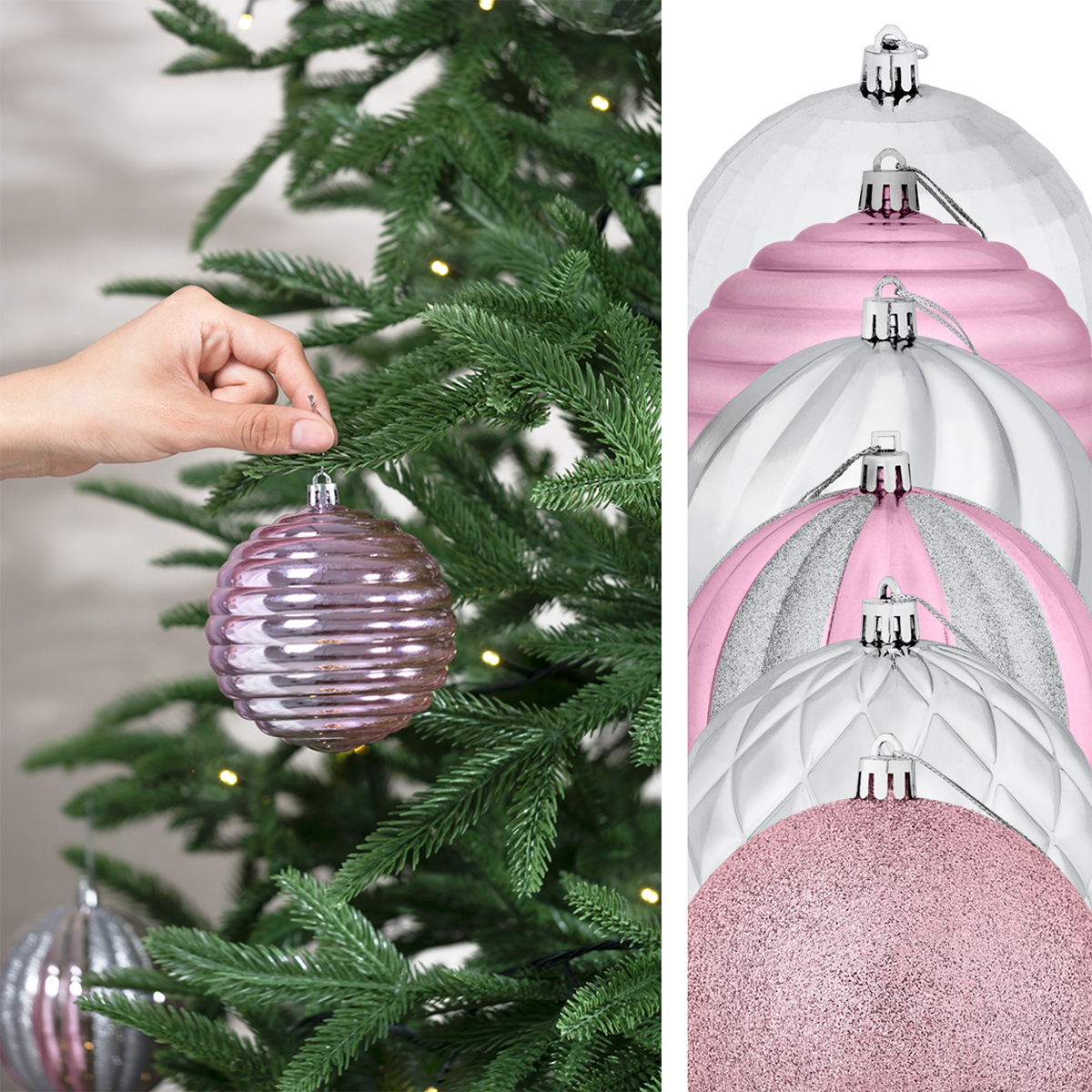 Set con 12 Esferas Decoración Navideña 10cm Adornos para Árbol de Navidad (Rosa - Plateado) ESQUIMAL