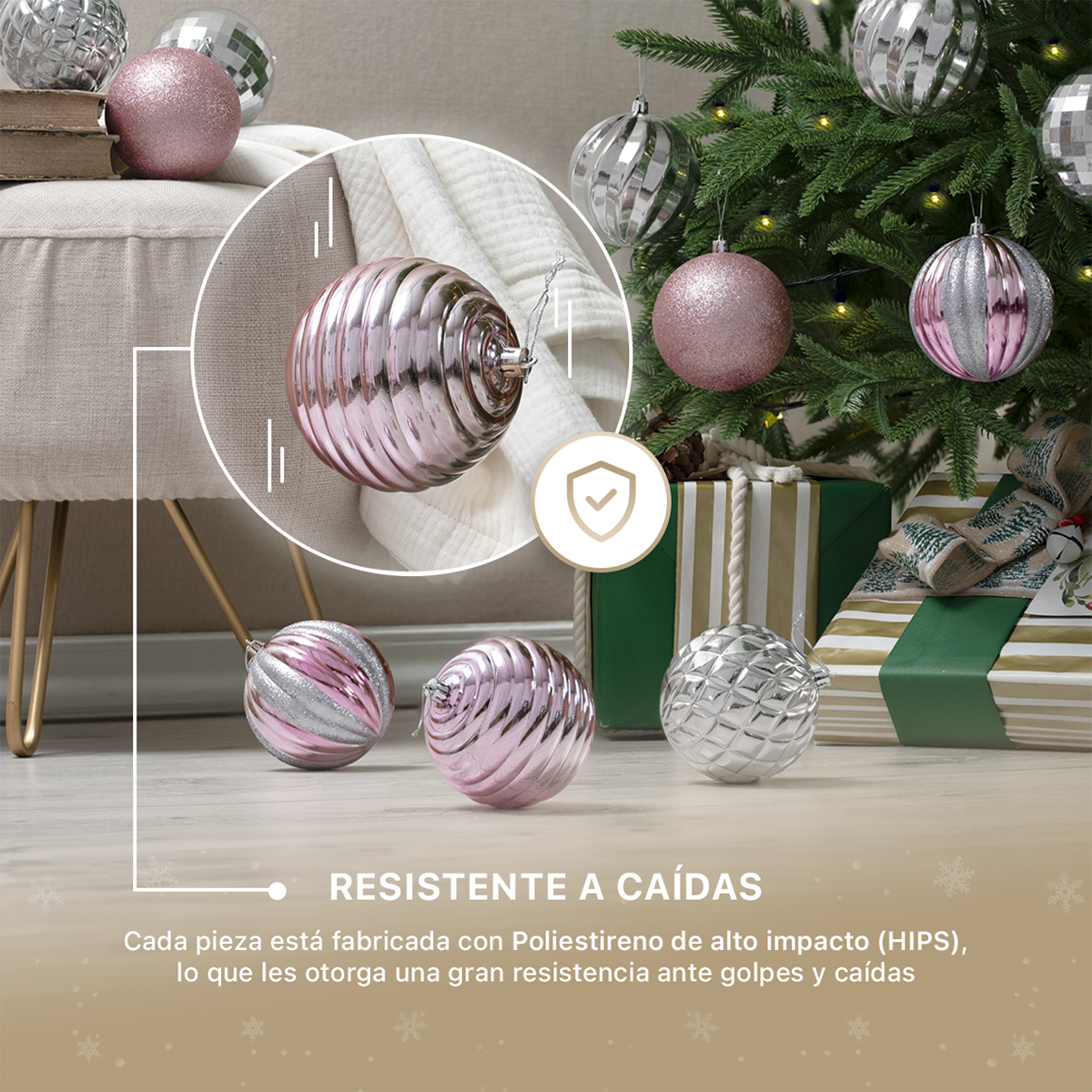 Set con 12 Esferas Decoración Navideña 10cm Adornos para Árbol de Navidad (Rosa - Plateado) ESQUIMAL