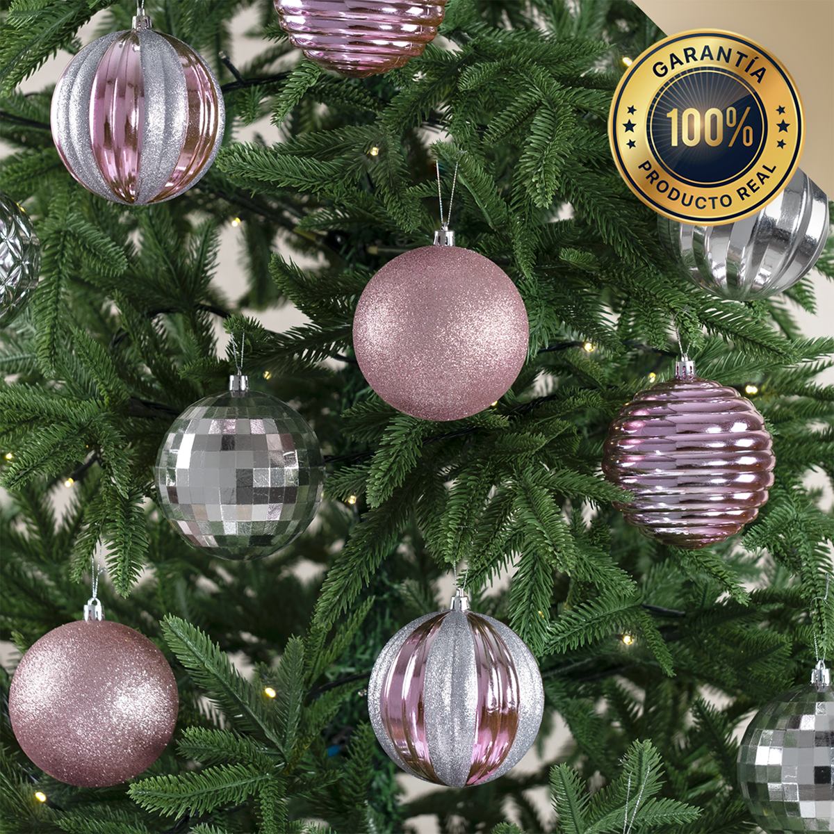 Set con 12 Esferas Decoración Navideña 10cm Adornos para Árbol de Navidad (Rosa - Plateado) ESQUIMAL
