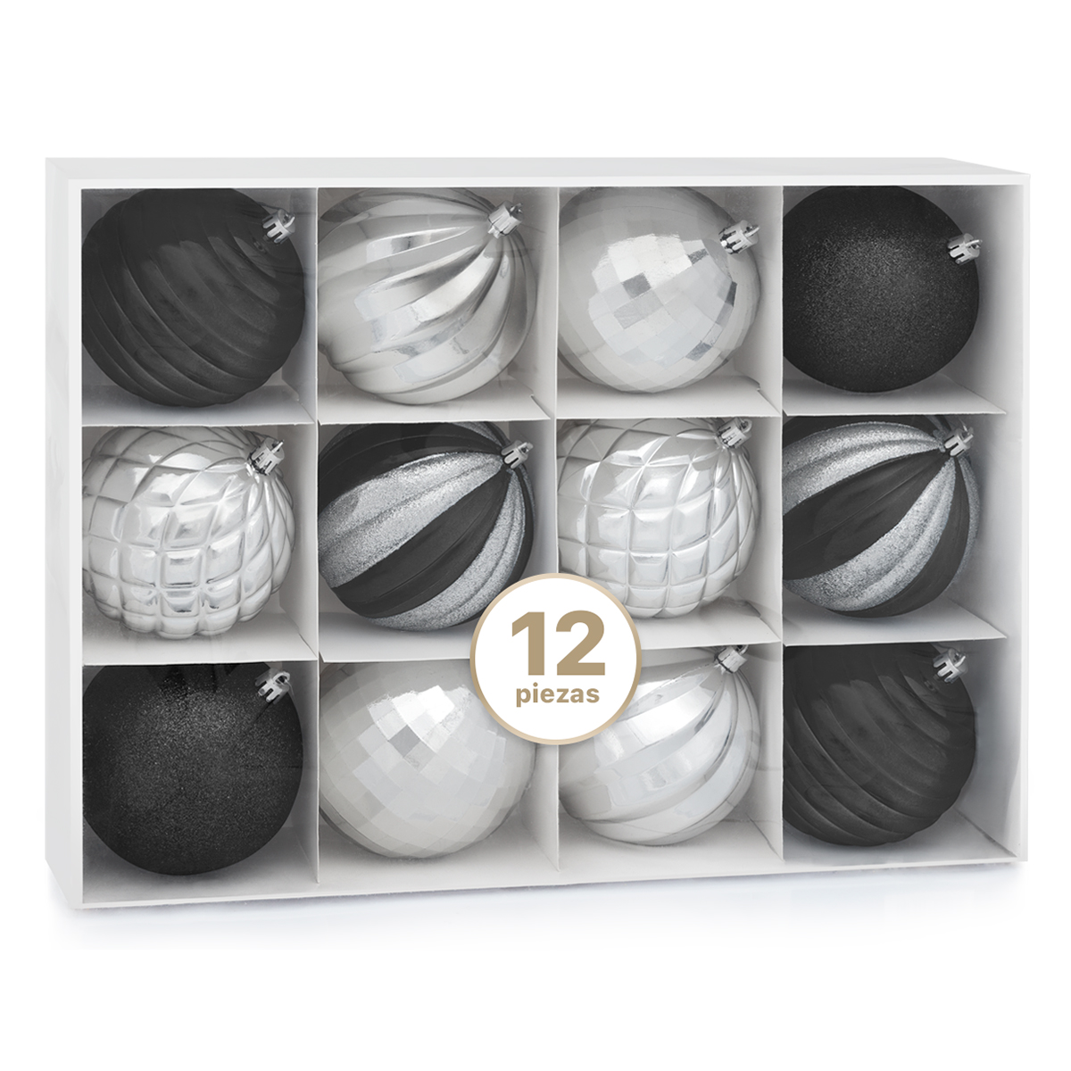 Set con 12 Esferas Decoración Navideña 10cm Adornos para Árbol de Navidad (Negra - Plateado) ESQUIMAL