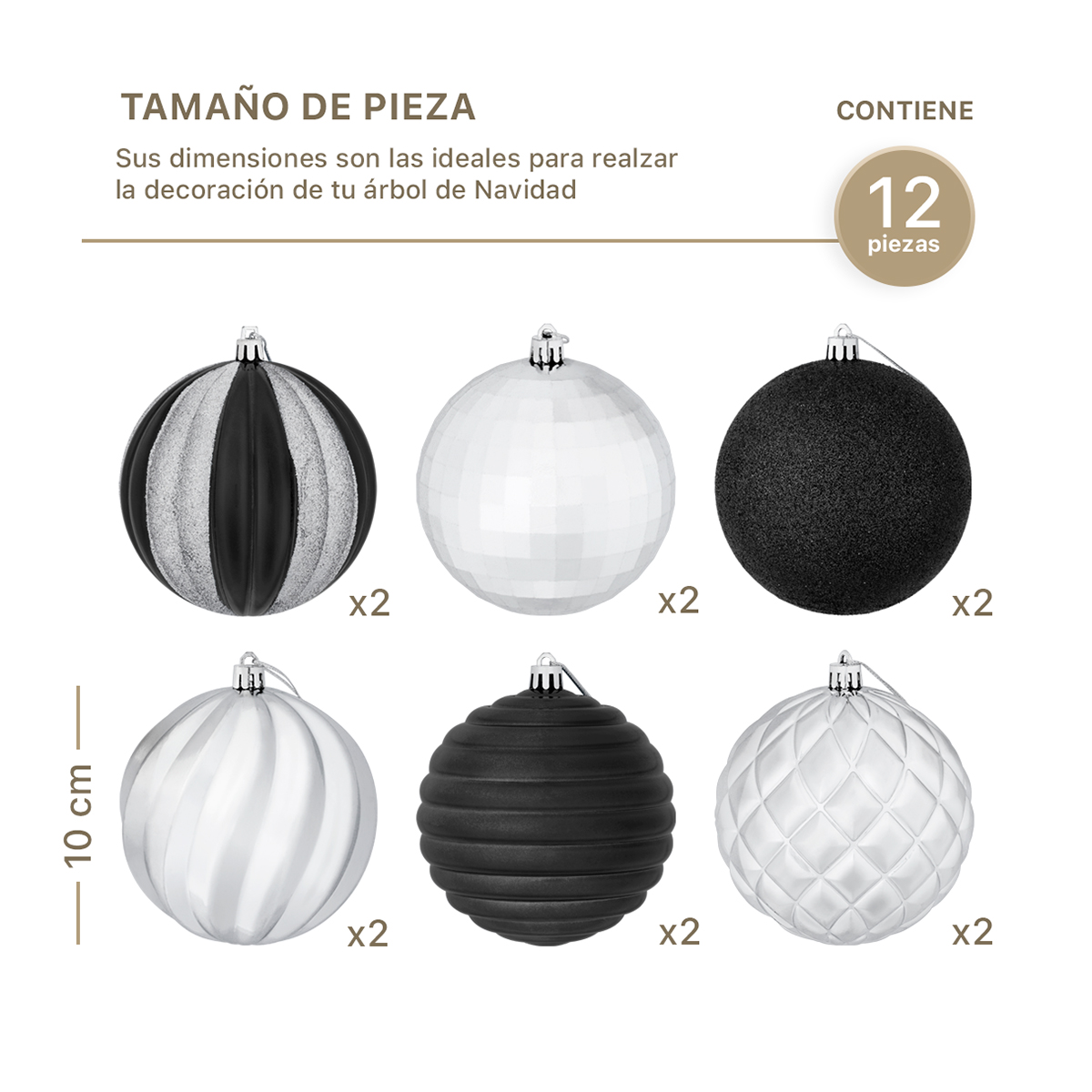 Set con 12 Esferas Decoración Navideña 10cm Adornos para Árbol de Navidad (Negra - Plateado) ESQUIMAL