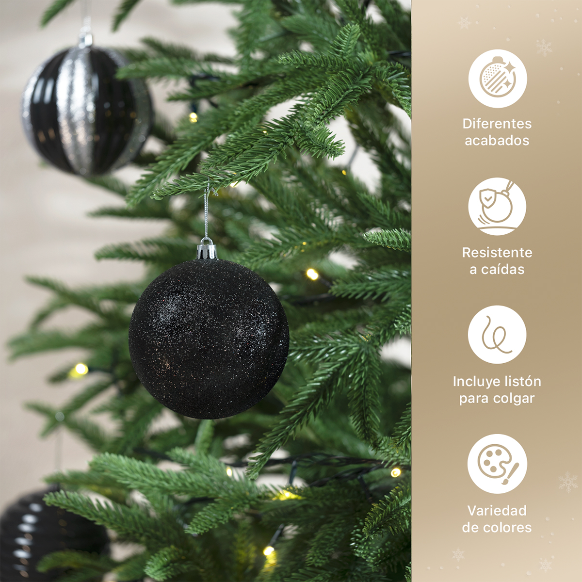 Set con 12 Esferas Decoración Navideña 10cm Adornos para Árbol de Navidad (Negra - Plateado) ESQUIMAL